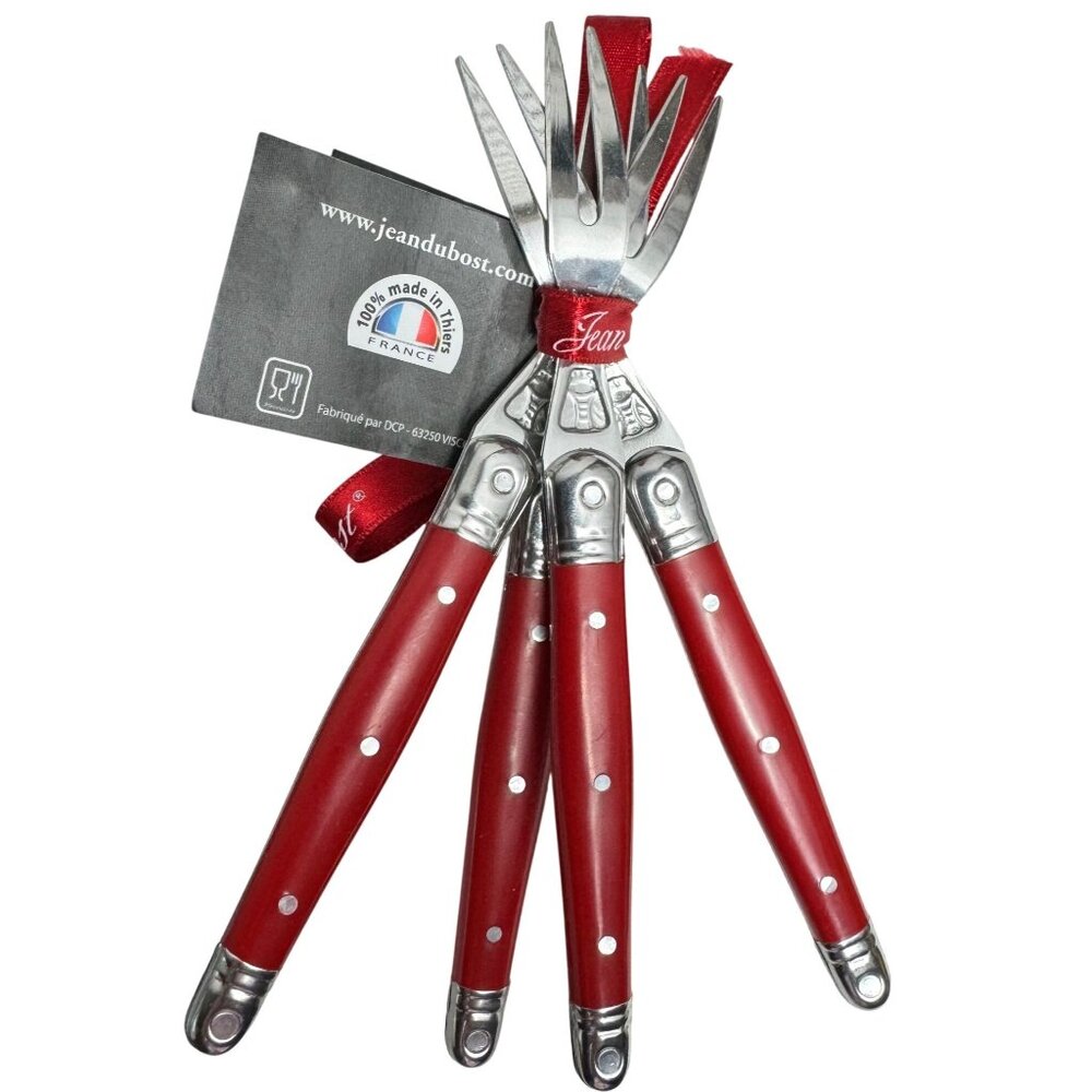Laguiole Jean Dubost Bee Logo Red Cocktail Fork Set 4-Piece Stainless Steel Gift - Picture 1 of 11